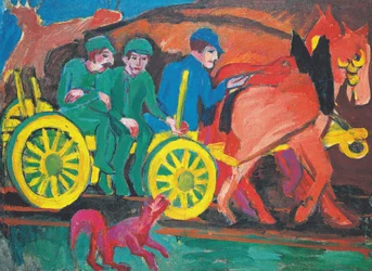 Pferdegespann mit drei Bauern